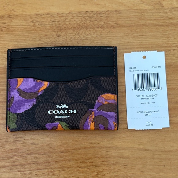 Coach Slim ID Card Case in Signature Canvas with Rose Print Brown Iris Multi NWT - Picture 12 of 12
